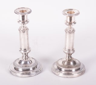 Pair Antique English Georgian Sheffield George IV Style Silver Plate Telescopic Candlesticks, Circa