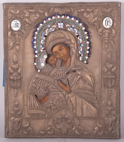 An Enameled Russian Icon of the Madonna and Child
