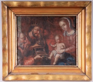Continental School 17th Century, Madonna and Child receiving Gifts, oil on canvas board