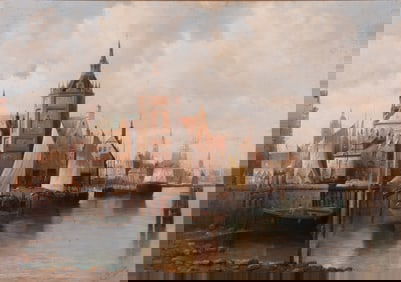 August Von Siegen, German (1850-), Untitled Wharf Scene, oil on canvas