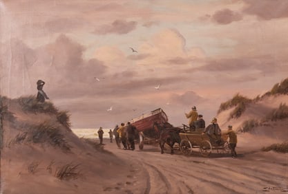 Edmund Fischer, Danish (1919-1944), Beach Scene with Horse-Drawn Cart Pulling a Boat to Shore, oil