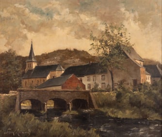 Simone Lienard, Belgium (1912-1988), Village Ardenais, oil on panel