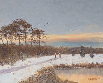 A. Van Der Meer, Dutch 20th Century, Winter Sunset with Figures on a Path, oil on canvas