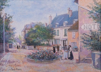 H. Claude Pissarro, France / Ireland (b. 1935), Figures Gathered outside a Hotel, pastel on paper