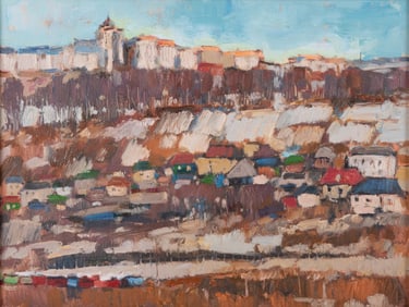 Sergey Avdeev, Siberian Russia 20th Century, Houses on a Hill, oil on canvas