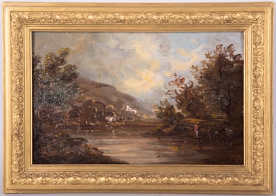 David Cox, British 1809-1885, River landscape with foreground figure and distant mountain, oil on