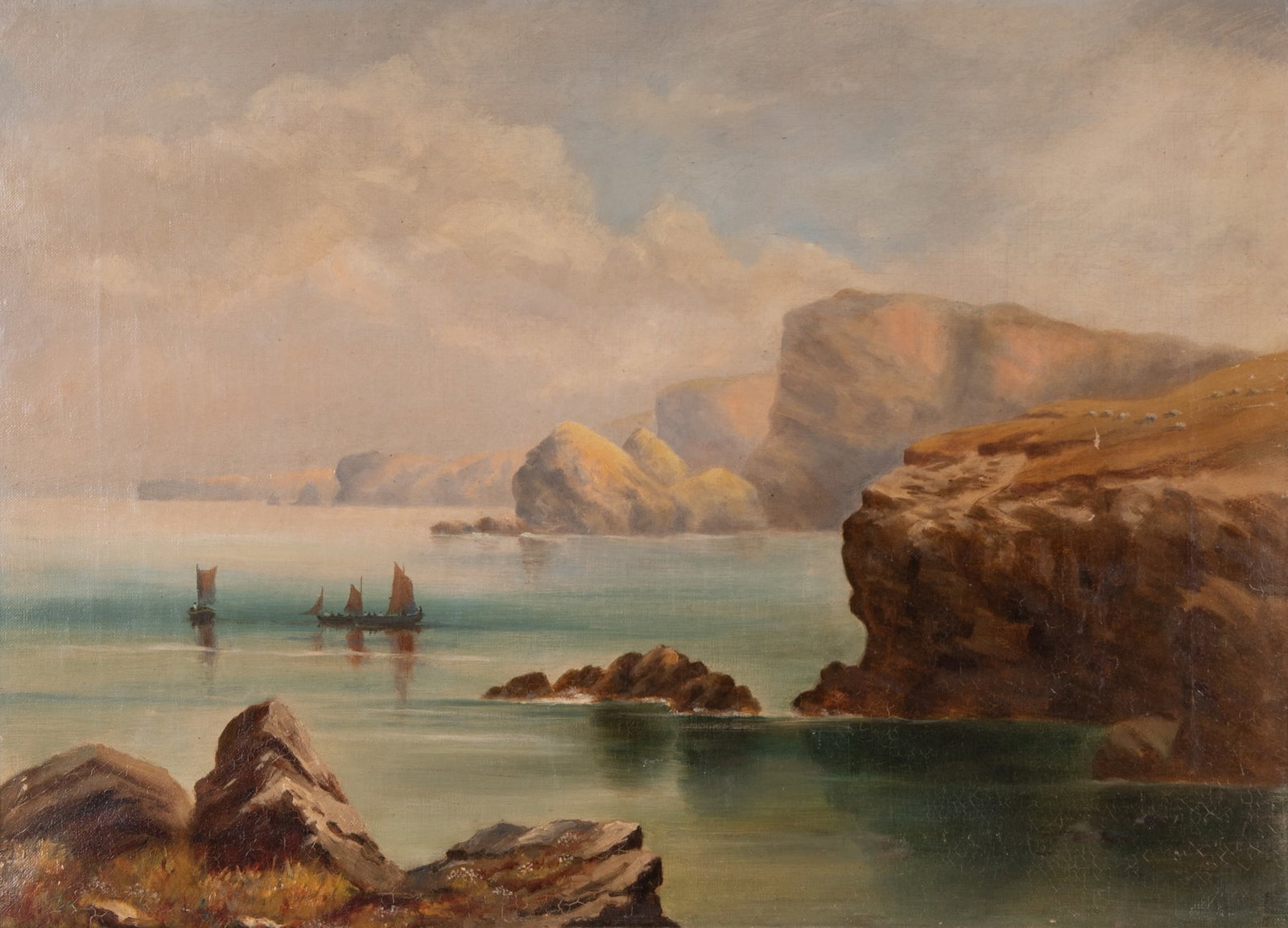 British School 19th Century, Coastal Scene, oil on canvas: British School, 19th CenturyCoastal Sceneoil on canvasunsigned, stamped Geo. Rowney. & Co. on the reverse, framed.16 x 22 inches