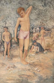 Attributed to Henry Tuke, England (1858-1929), Beach Scene with Children, oil on board