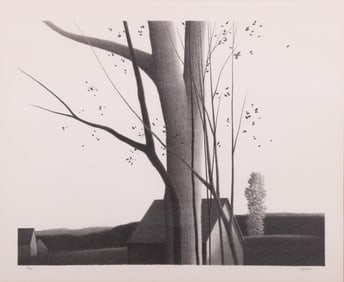 Robert Kipness, American 1931-, Trees behind house, lithograph ed 19/20