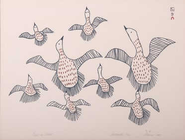 Sharni Pootoogook, Kinngait (Cape Dorset) , Geese in Flight, 1965, color lithograph, ed. 5/50
