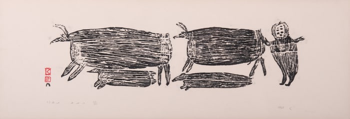 Parr, Kinngait (Cape Dorset) (1893-1969), Man and Caribou, 1963, woodcut, ed. 29/30