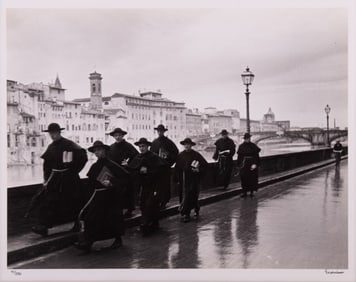 Alfred Eisenstaedt, German / American 1898-1995, Monks Along the River Arno, Florence, 1935, black