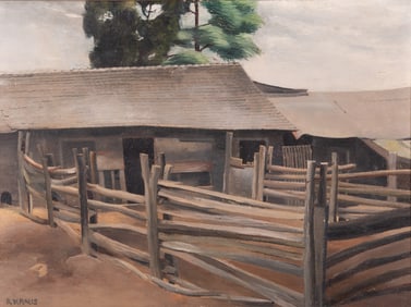 Russell Kraus, St. Louis (1918-2009), The Old Barn, oil on wood panel