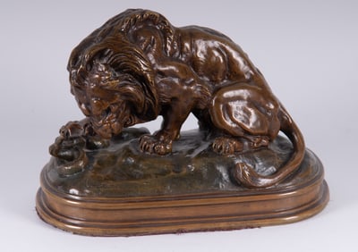 A Large Vintage Bronze Sculpture of a Lion Battling a Snake, after Barye