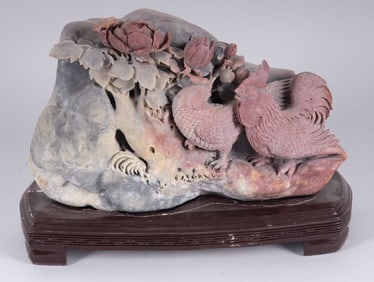 A Chinese Carved Steatite Sculpture of Chickens