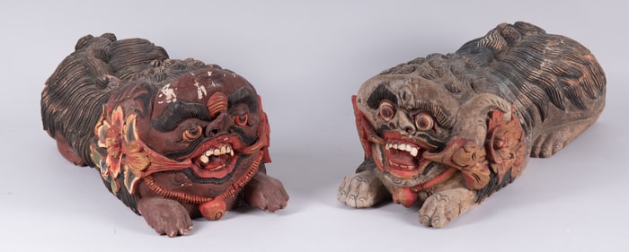 A Pair of Chinese Mythical Beast Carved Wood Pillows, 19th Century