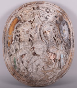 18th Century or Earlier Carved and Polychrome Decorated Wood Plaque of the Holy Family