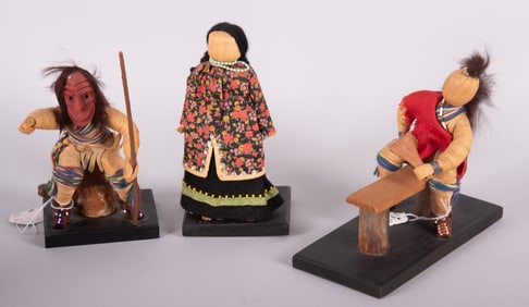 Three Iroquois False Face Cornhusk Dolls