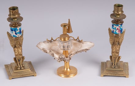 Pair of Egyptian Revival Candlesticks along with a Gilt Bronze and Shell Inkwell