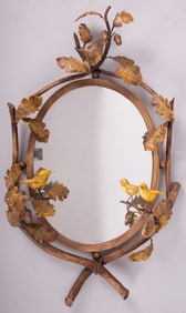Painted Metal Wall Mirror with Birds and Vines
