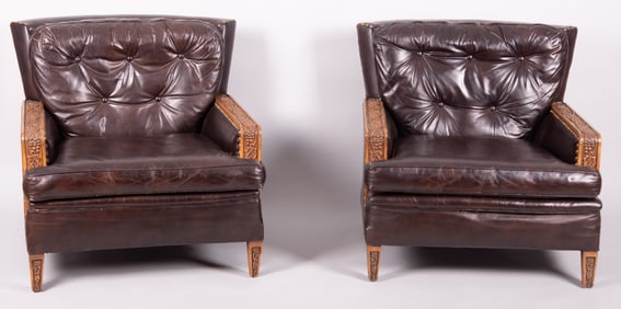 Pair of Rom Weber Leather Chairs and Ottomans