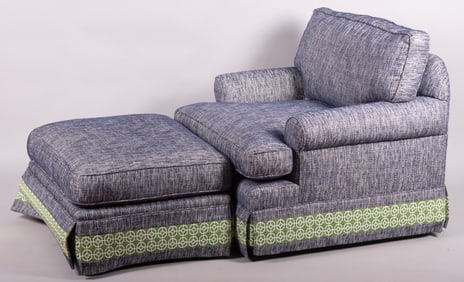 Custom Lee Blue Upholstered Chair And Ottoman
