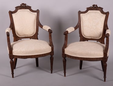 Pair of Antique French Armchairs with Embossed Floral Upholstery