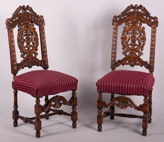 Pair of Fancy Carved 1890s Accent Chairs with Lion Carving