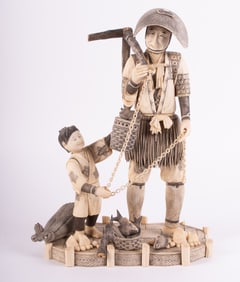 A Large Japanese Carving of a Fisherman and Apprentice