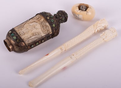 A Grouping of Four Asian Caved Bone Objects