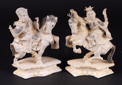 Two Chinese Carved Bone Horses with Riders