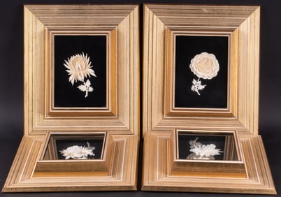 Four Framed Chinese Carved Bone Floral Plaques