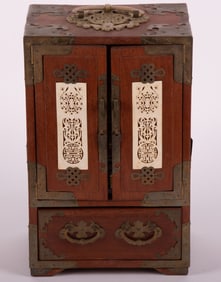 A Chinese Brass Mounted and Bone Inlaid Jewelry Chest