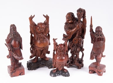 Five Carved Wood Asian Figures