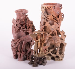 Three Chinese Carved Soapstone Sculptures