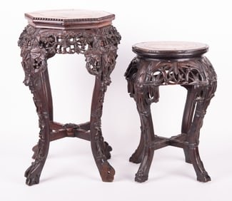 Two Marble Top Carved Wooden Plant Stands