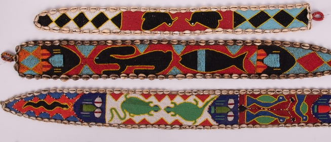 Yoruba Tribe, Africa , Three African Medicine Totems, shell and beads on cloth