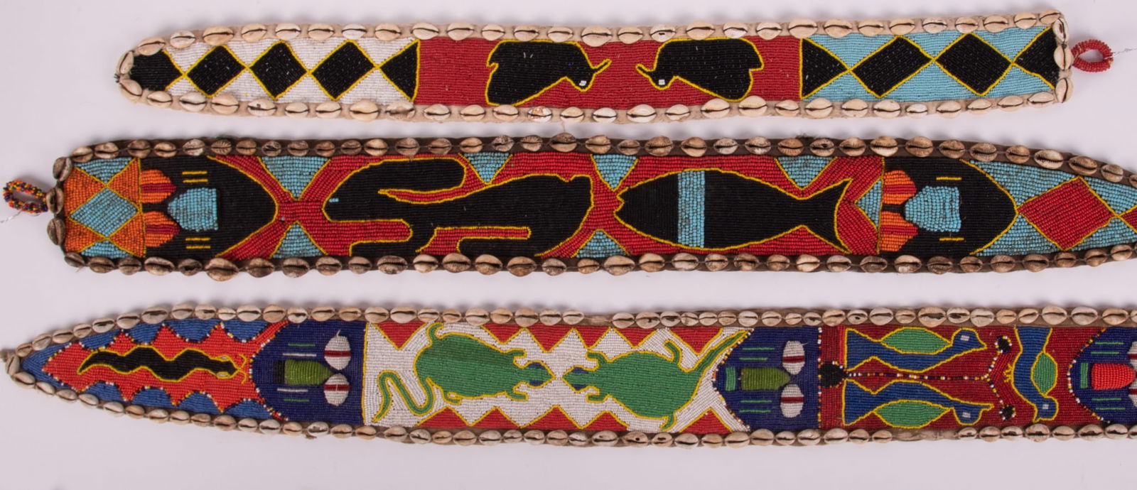 Yoruba Tribe, Africa , Three African Medicine Totems, shell and beads on cloth (1 of 3)