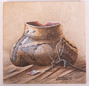 Bobby Johnson, Navajo Nation 20th Century, Navajo Pottery Still-life, sand and oil on masonite