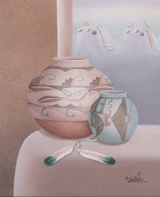Myung "Mario" Jung, South Korean (b. 1949), Native American Pottery Still-life, oil and sand on