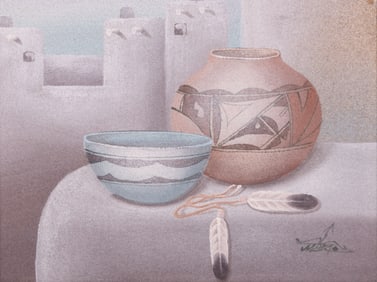 Myung "Mario" Jung, South Korean (b. 1949), Indigenous Pottery Still-life, oil and sand on canvas
