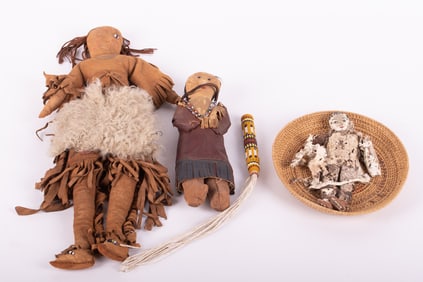 Three Handmade Native American Dolls and Beaded Fan Handle