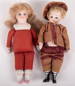 Two Small German Bisque Dolls Boy and Girl, Circa 1900-1940