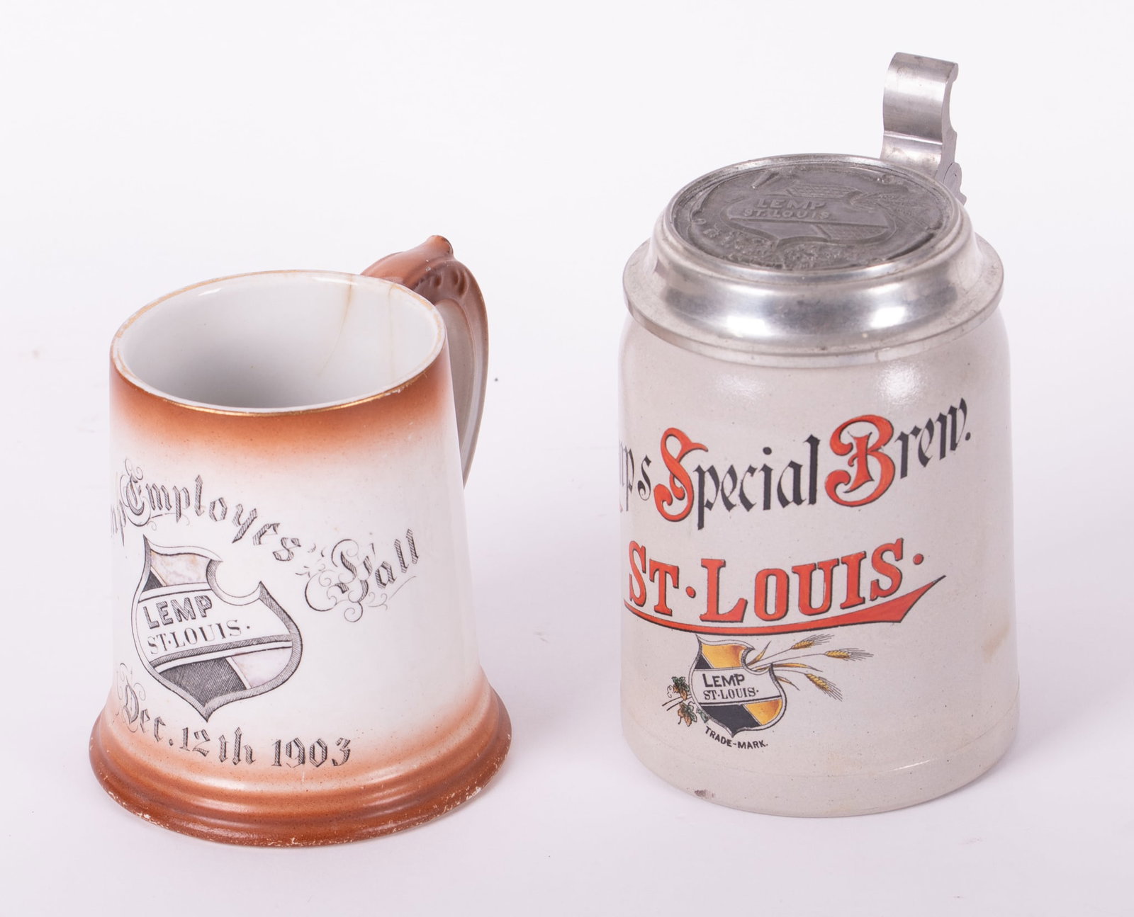 Two Pieces: Lemp Brewery Employees Ball Mug 1903 And Another Lemp Tankard: Two Pieces: Lemp Brewery Employees Ball Mug 1903 And Another Lemp Tankard