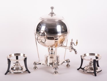 Georgian Style Silver Plated Coffee Urn by John Tyler London along with Two Warmers
