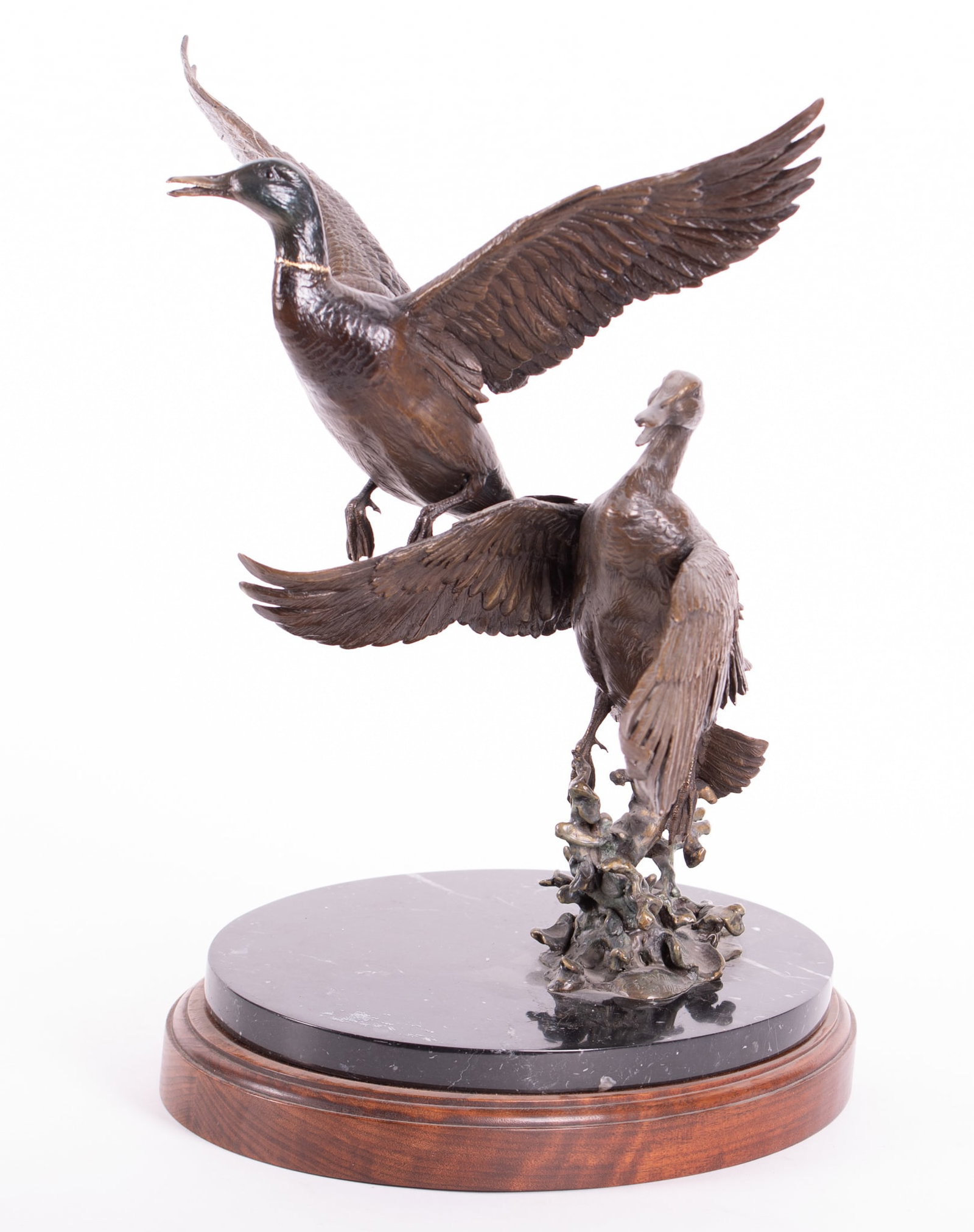 Frank DiVita, Montana / Italy (b. 1949), Geese Alighting, bronze, ed. 30/35: Frank DiVita Montana / Italy, (b. 1949) Geese Alighting bronze, ed. 30/35 signed and numbered at the base Height, inclusive of marble plinth: 18 1/2 inches
