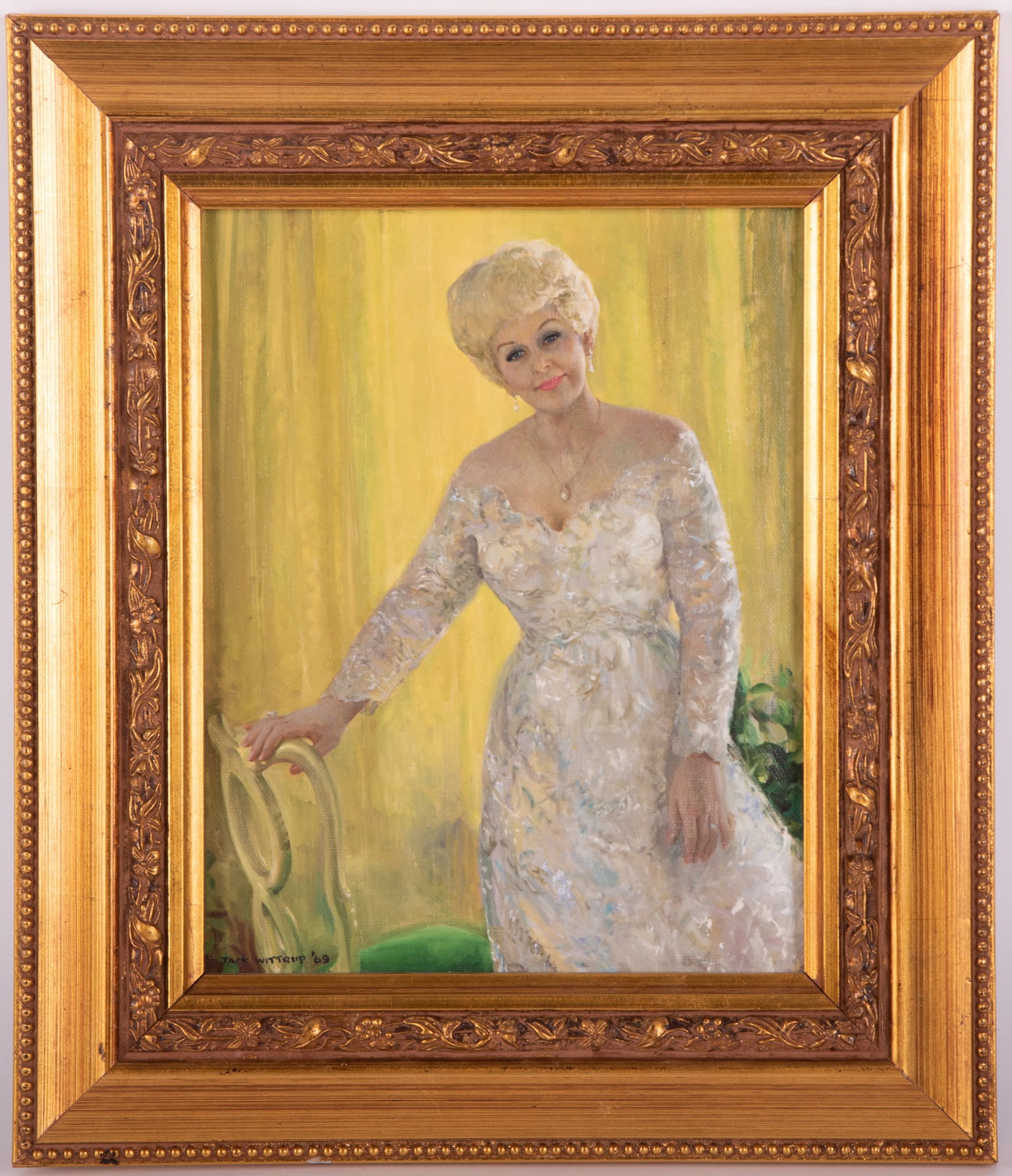 Jack Wittrup, Florida (1912-1987), Portrait of Mary Kay, oil on canvas: Jack Wittrup Florida, (1912-1987) Portrait of Mary Kay oil on canvas signed lower left, framed. 9 3/8 x 7 3/8 inches; overall with frame: 14 1/4 x 12 1/4 inches