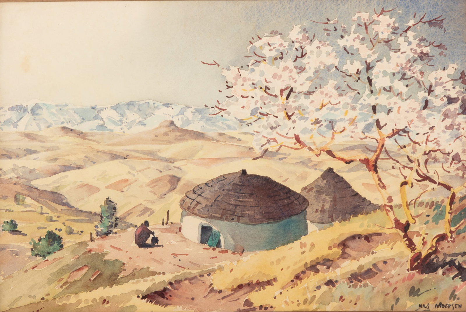 Nils (1897) Andersen, South African (1897-1972), Homestead, watercolor: Nils (1897) Andersen South African, (1897-1972) Homestead watercolor signed lower right, framed. 11 3/4 x 18 inches