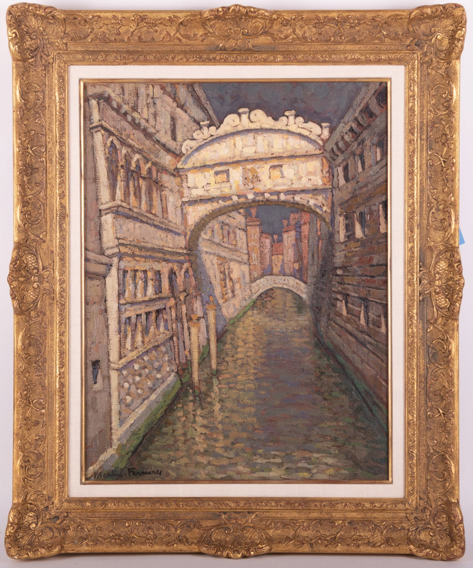Jacques Martin-Ferrieres, France (1893-1972), Pont des Soupirs, soleil, ciel dramatique (The Bridge: Jacques Martin-Ferrieres France, (1893-1972) Pont des Soupirs, soleil, ciel dramatique (The Bridge of Sighs) oil on canvas signed lower left, framed. Provenance: Private Collection Guarisco Galle
