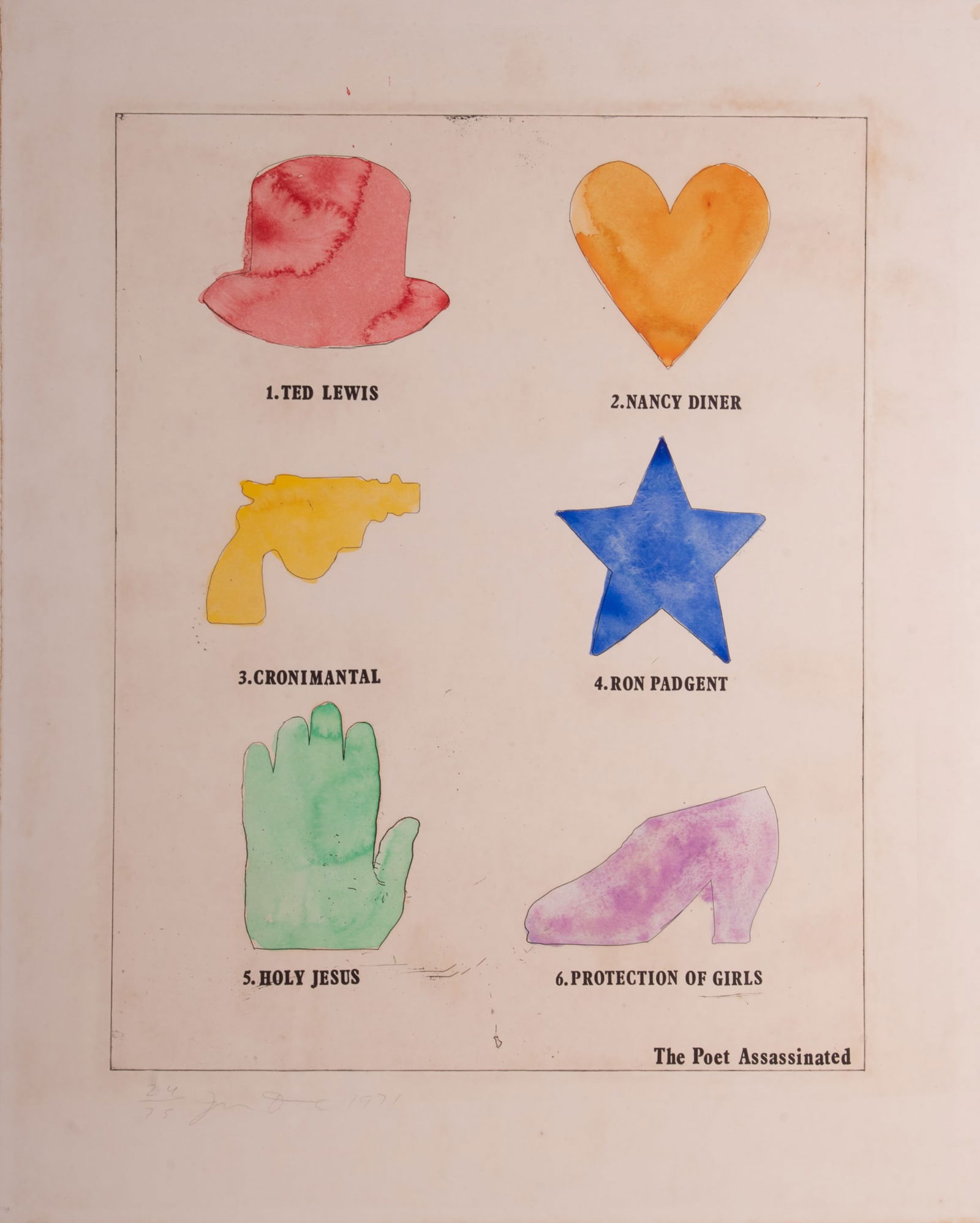 Jim Dine, American (b. 1935), The Realistic Poet Assassinated, 1971, Etching with hand-coloring on (1 of 5)